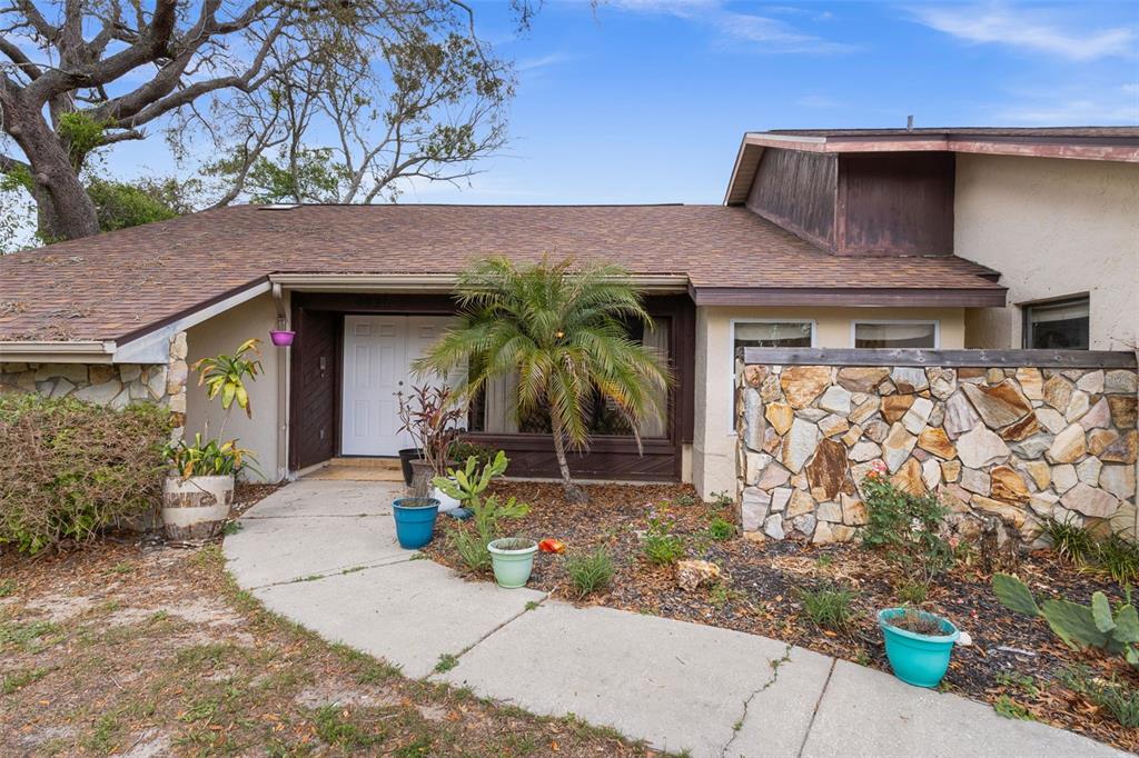 A single-story house features a stone facade, a palm tree, and a concrete walkway — 6231 WAYSIDE COURT, SPRING HILL, FL