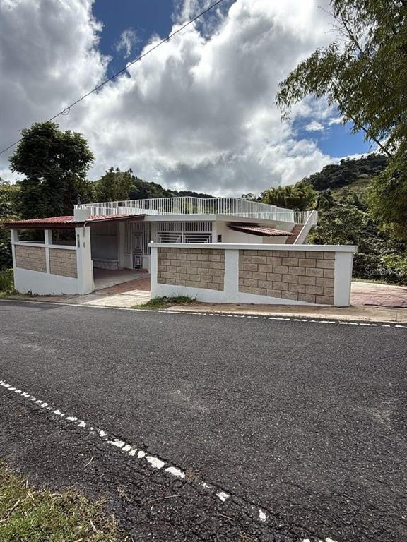A single-story house with a flat roof terrace, white railings, and a stone-patterned perimeter wall — PR 7790 Juan Asencio JUAN ASENCIO, AGUAS BUENAS, PR