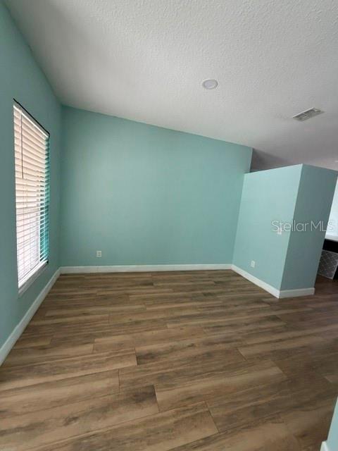 An empty room features light blue walls, wood-look flooring, and a window with blinds — 10640 SUN VILLA BOULEVARD, ORLANDO, FL
