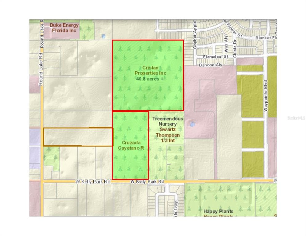 This is a map showing property boundaries and ownership labels for several adjacent land parcels — 4625-4651 W KELLY PARK ROAD, APOPKA, FL