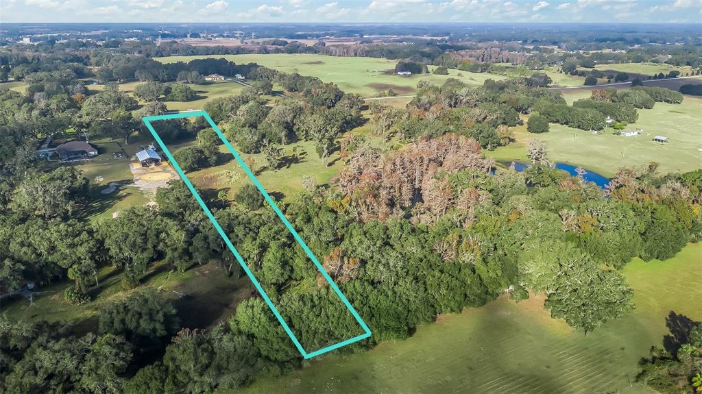 An aerial view shows a rectangular plot of land outlined in blue amidst rural greenery — TRACT 3 - CR 221, WILDWOOD, FL