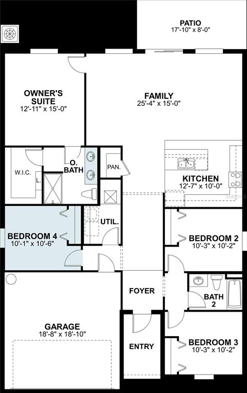This is a floor plan for a single-story home featuring four bedrooms, a garage, and patio — 2928 QUINAULT PLACE, WIMAUMA, FL