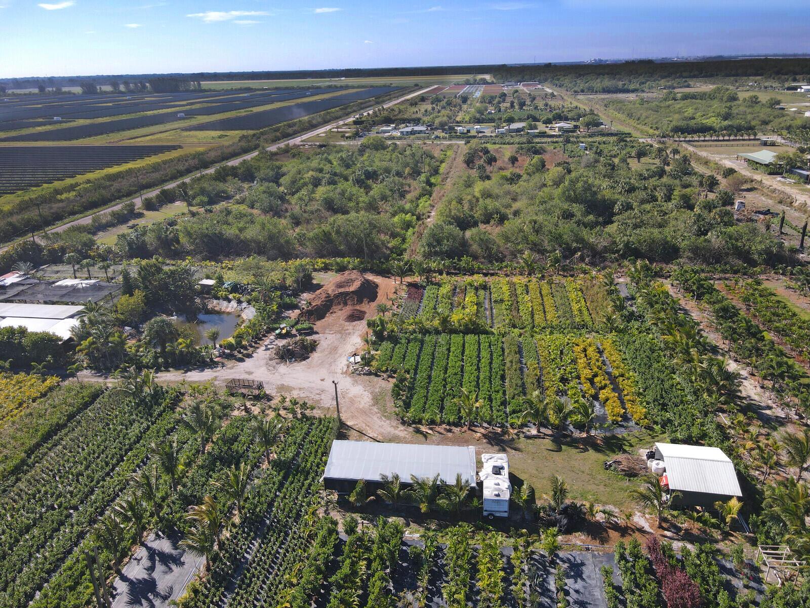An aerial view shows a plant nursery with rows of crops, greenhouses, and a pond — 6747 Carol Street, Loxahatchee FL 33470, LOXAHATCHEE, FL