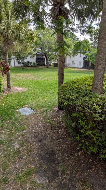 A grassy courtyard sits between two multi-story apartment buildings with palm trees and landscaping — 4401 S SEMORAN BOULEVARD UNIT 9, ORLANDO, FL