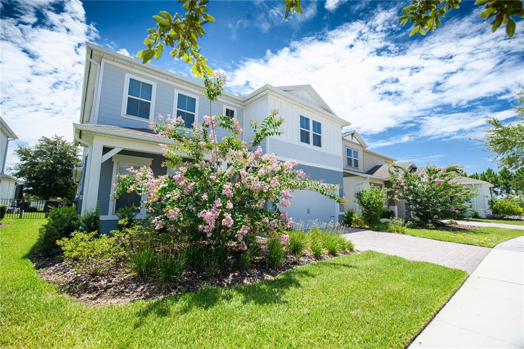 A two-story blue house with a paved driveway and a flowering tree in the yard — 10746 PAHOKEE BEACH PLACE, ORLANDO, FL