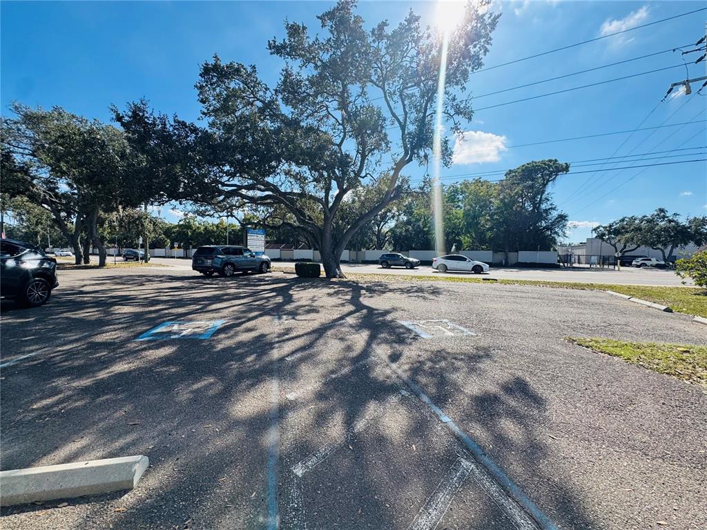 A parking lot features two handicap-accessible spaces beneath a large, mature tree — 4509 BEE RIDGE ROAD UNIT E, SARASOTA, FL