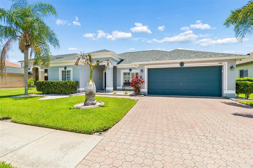 A single-story house with a blue garage door, a paved driveway, and a palm tree — 1616 REGAL MIST LOOP, TRINITY, FL