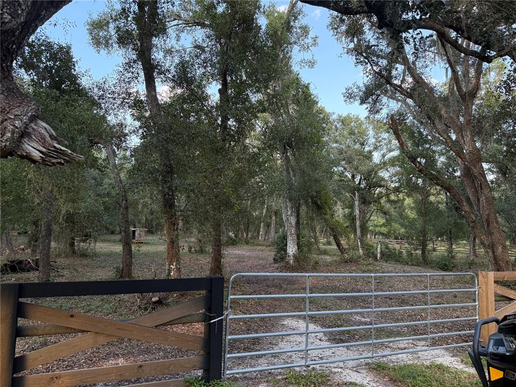 A metal gate and a wooden fence open into a wooded, grassy lot — SE BROWN ROAD, ARCADIA, FL