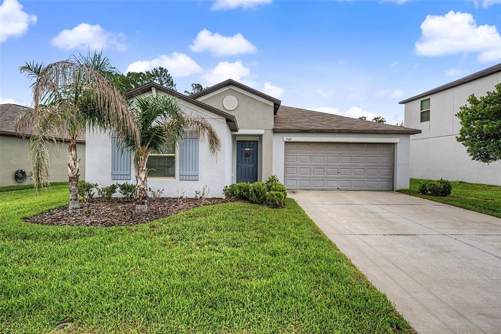 A single-story house with a gray garage, light-colored stucco exterior, and a palm tree — 13411 WILLOW BLUESTAR LOOP, RIVERVIEW, FL