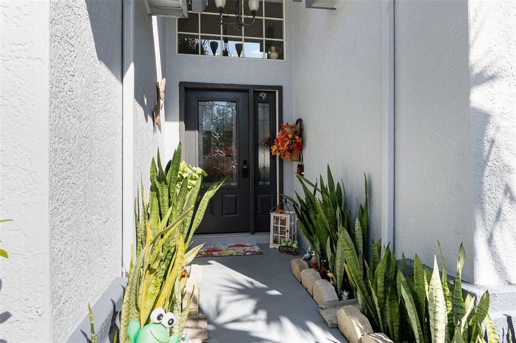 A gray front door with a glass insert sits at the end of a walkway — 3244 AMACA CIRCLE, ORLANDO, FL