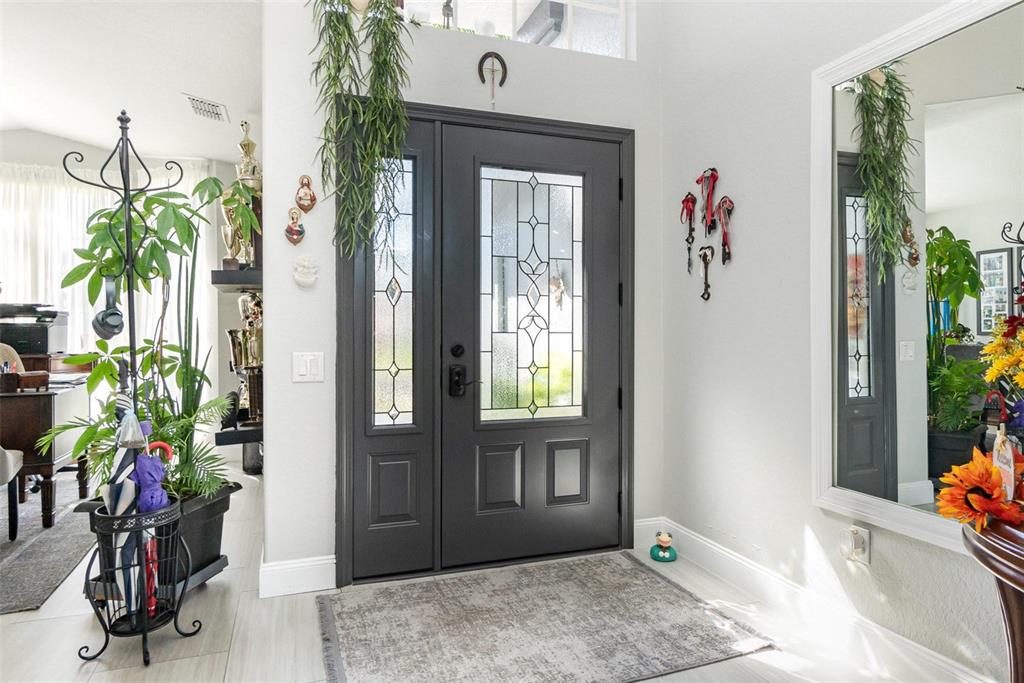A gray front door with glass panels sits in a bright entryway with a mirror — 3244 AMACA CIRCLE, ORLANDO, FL