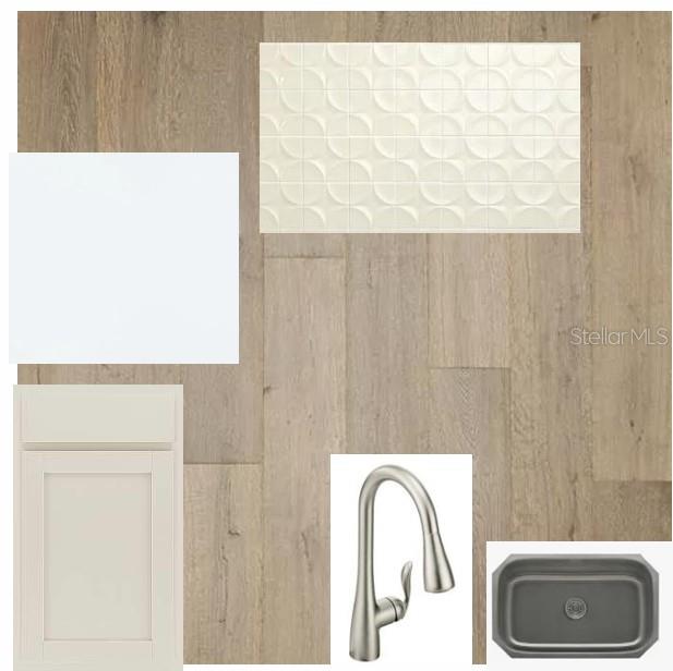 This is a digital design board showing kitchen finish samples including flooring, cabinetry, tile, and fixtures — 318 STETSON RISE COURT, PLANT CITY, FL