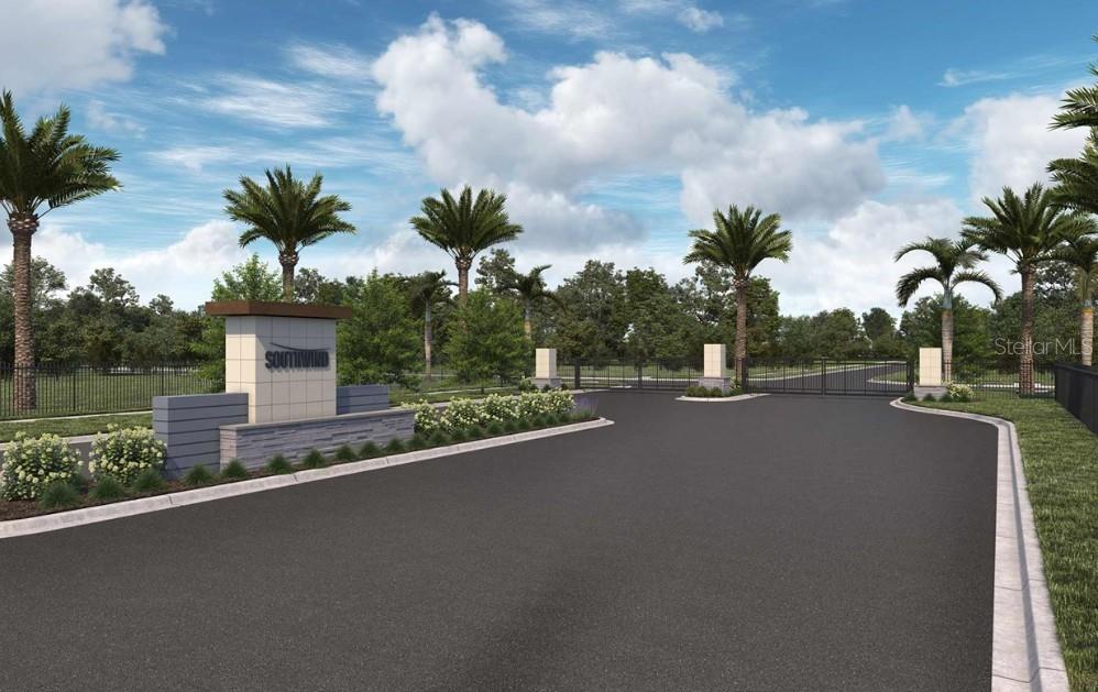 This is a digital rendering of a gated community entrance with a stone monument sign — 318 STETSON RISE COURT, PLANT CITY, FL
