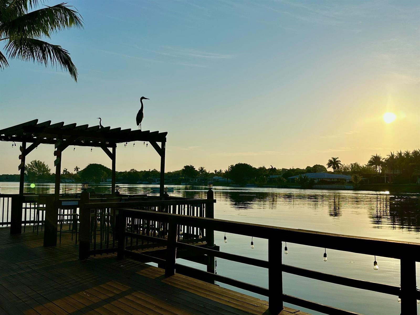 A wooden deck with a pergola overlooks a calm waterway at sunset with birds perched above — 6850 Eastview Drive, Lake Worth FL 33462, LAKE WORTH, FL