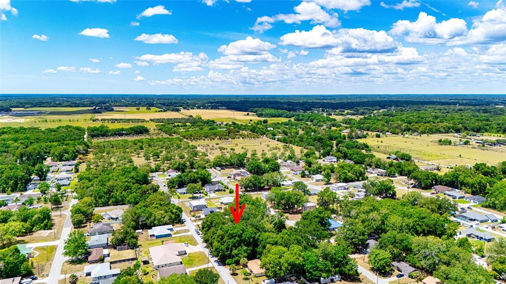 An aerial view shows a residential neighborhood with a red arrow pointing toward a wooded lot — SE 157TH ST, SUMMERFIELD, FL