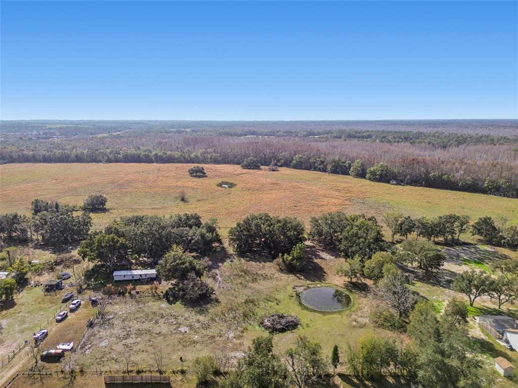 An aerial view shows a rural property with a house, a pond, and open fields — 28538 RICE ROAD, SAN ANTONIO, FL