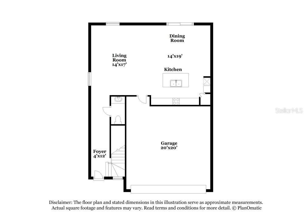 This is a floor plan showing a foyer, living room, kitchen, dining room, and garage — 17895 BLISSFUL STARS DRIVE, LUTZ, FL