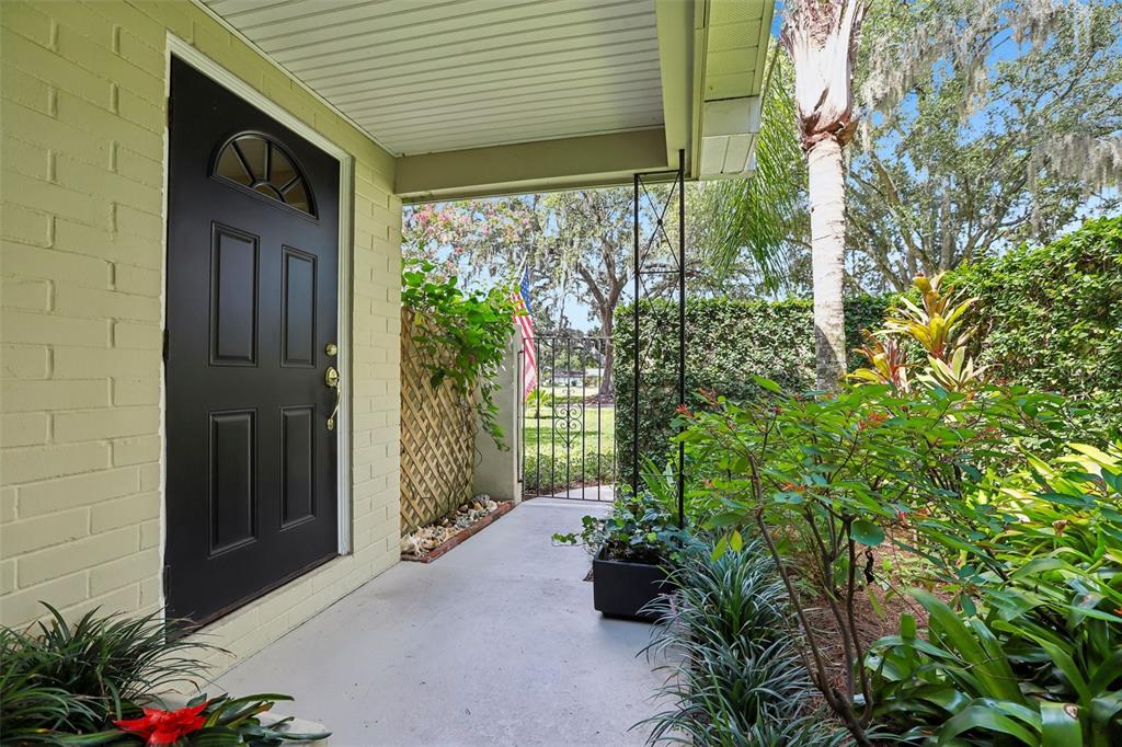 A black front door opens onto a concrete porch with lush landscaping and a gate — 204 S BURLINGAME AVENUE, TEMPLE TERRACE, FL