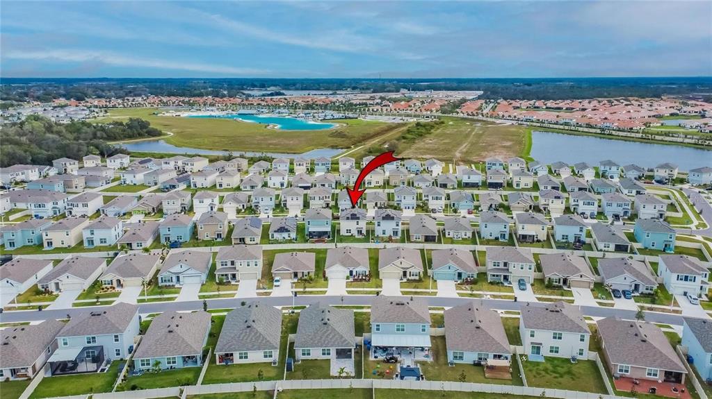 An aerial view shows a suburban neighborhood with a red arrow pointing to a house — 17029 BLISTER WING DRIVE, WIMAUMA, FL