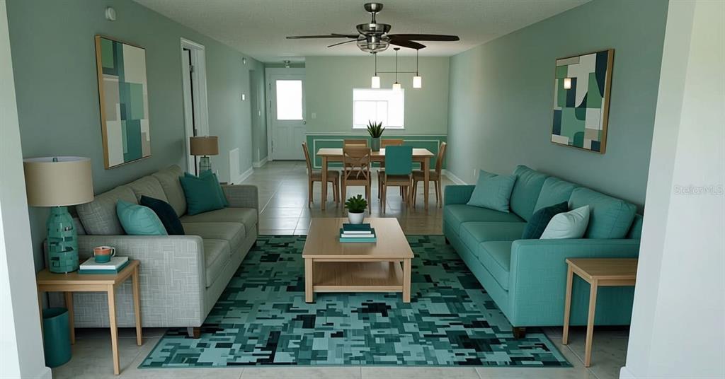 A living room and dining area featuring teal accents, a patterned rug, and light furniture — 4249 STRATFORD DRIVE UNIT 4249, NEW PORT RICHEY, FL