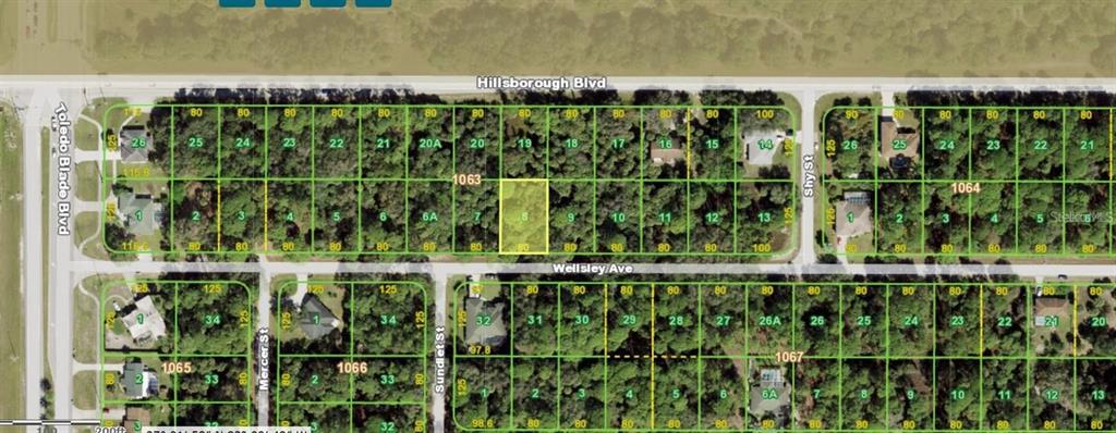 This is a map showing a highlighted residential lot within a suburban neighborhood — 17370 WELLSLEY AVENUE, PORT CHARLOTTE, FL