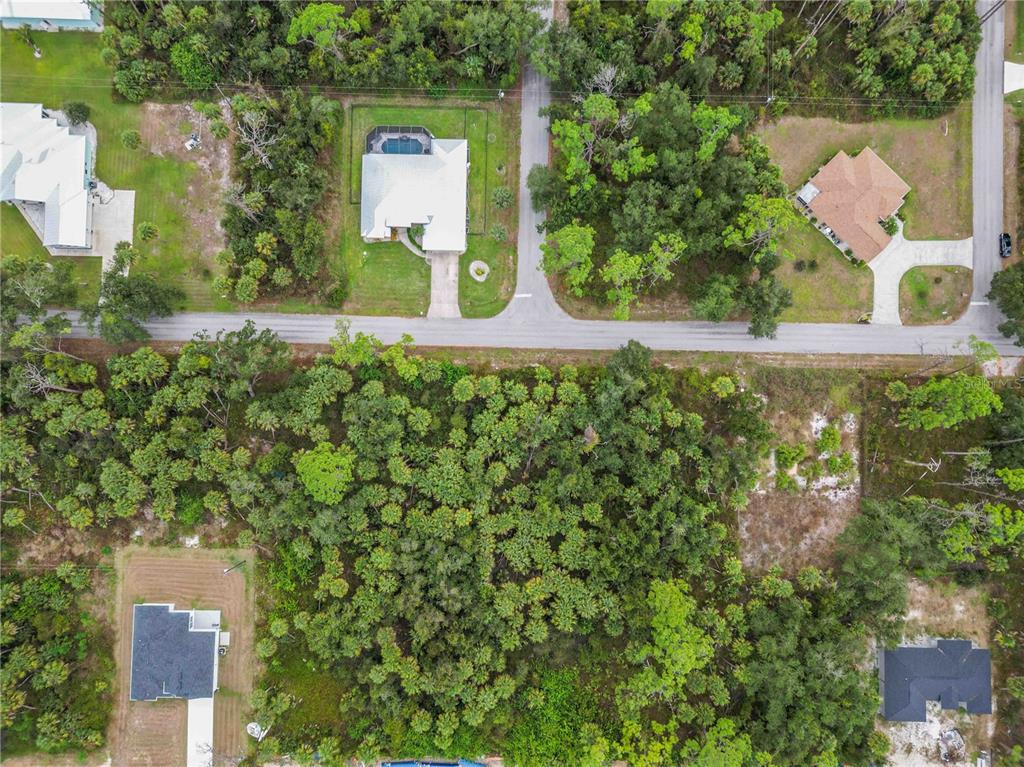 This aerial view shows several houses surrounded by dense trees and a paved road — 17370 WELLSLEY AVENUE, PORT CHARLOTTE, FL