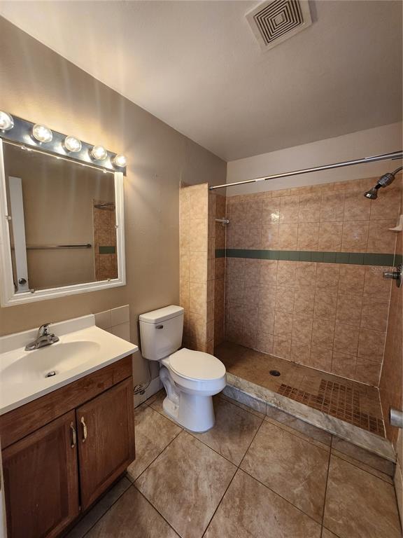 A bathroom features a wood vanity, a toilet, and a tiled walk-in shower — 905 OLD FIELD DRIVE, BRANDON, FL