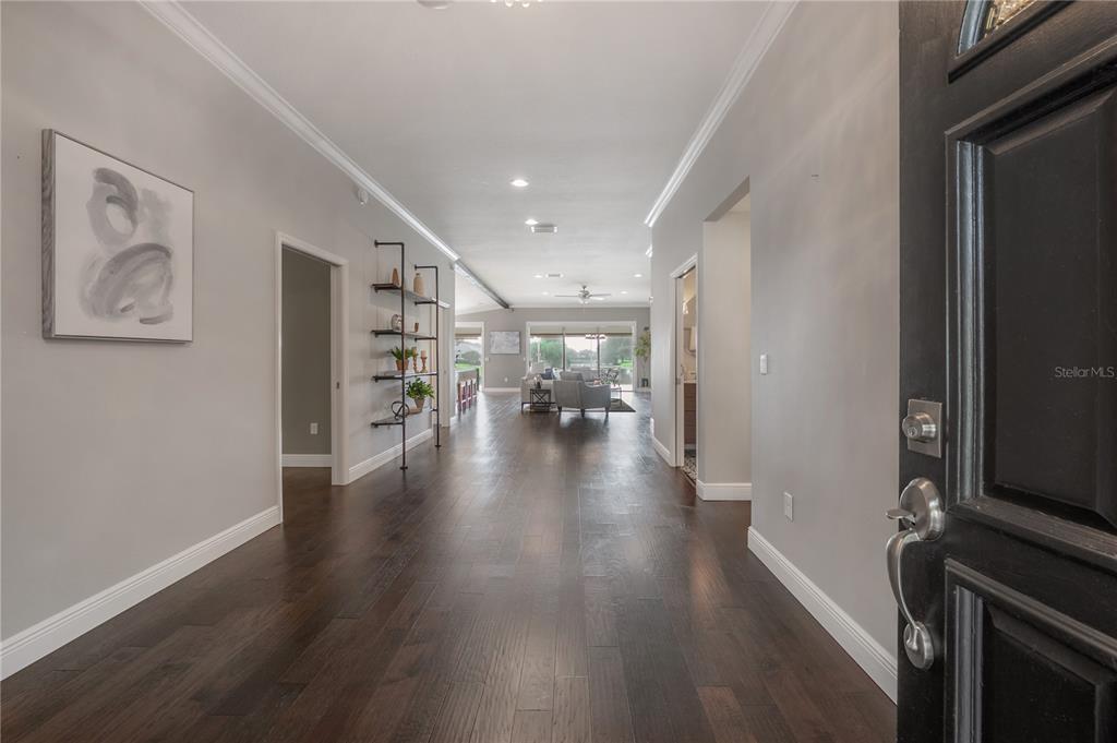 A foyer with dark hardwood floors leads to an open living area with a ceiling fan — 10332 ABBOTSFORD DRIVE, TAMPA, FL