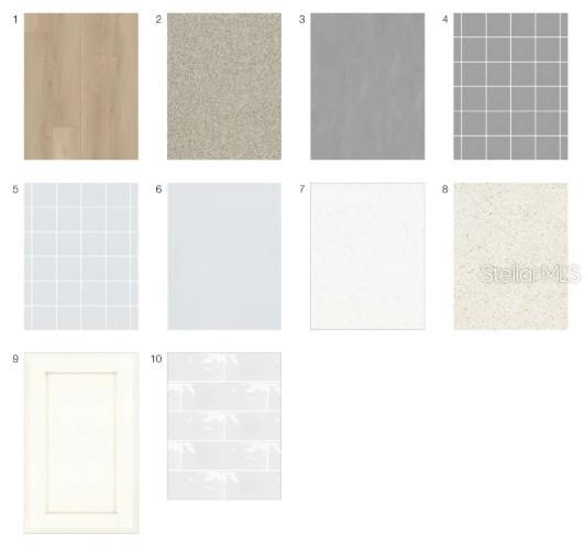 This image is a digital collage showing ten different interior design material and finish samples — 7907 INTERSTELLAR AVENUE, SARASOTA, FL