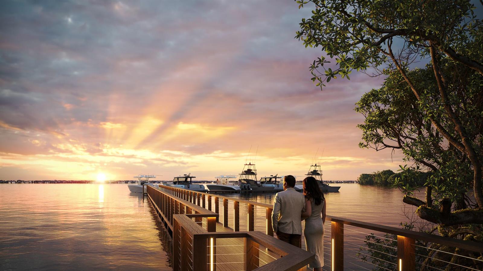 A rendering shows a couple standing on a wooden pier overlooking boats at sunset — 10251 S Ocean Drive # G2, Jensen Beach FL 34957, JENSEN BEACH, FL