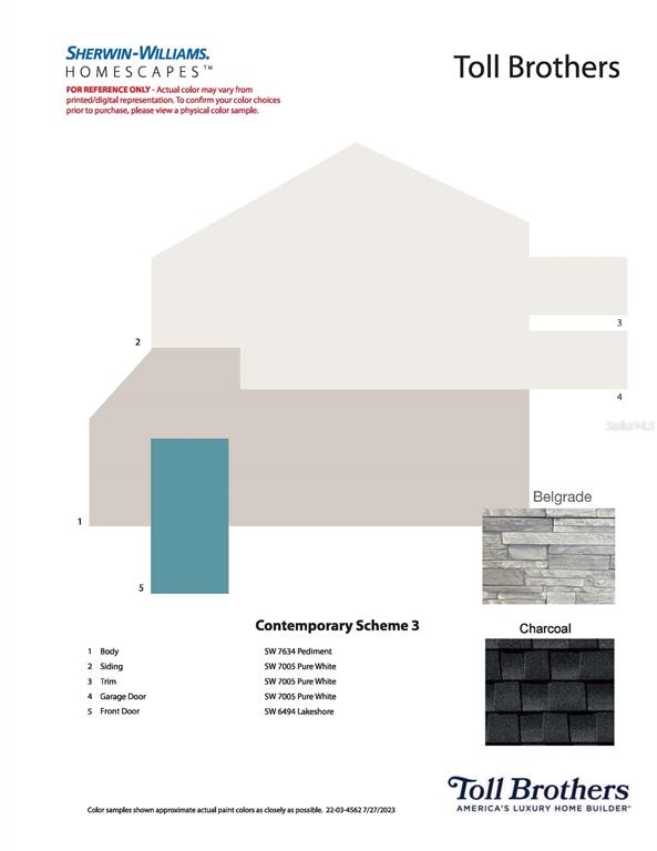 This is a color scheme rendering for a home exterior featuring paint, stone, and roofing — 1058 GLORYLAND COURT, SANFORD, FL