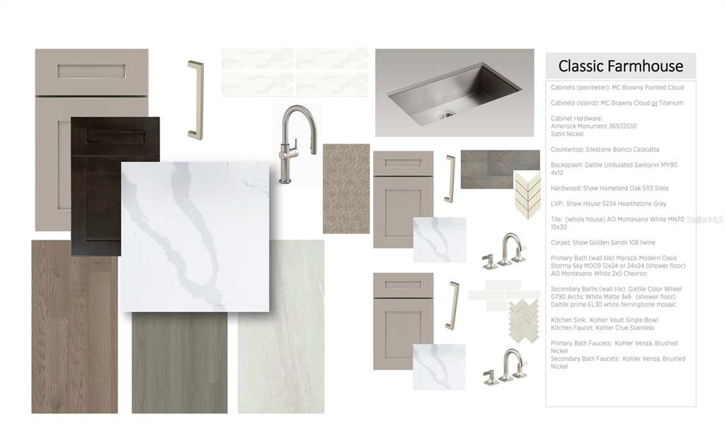 This design board displays material samples, cabinetry, hardware, and fixtures for a home interior — 1058 GLORYLAND COURT, SANFORD, FL