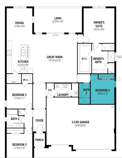 This is a floor plan of a single-story house with four bedrooms and a three-car garage — 2822 SWEET ACACIA DRIVE, CLERMONT, FL