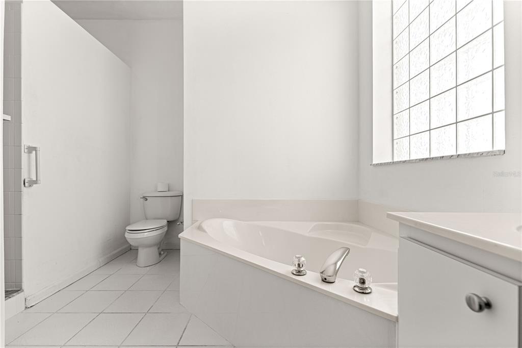 A bathroom features a white soaking tub, a toilet, and a glass block window — 2380 NW 53RD AVENUE ROAD, OCALA, FL