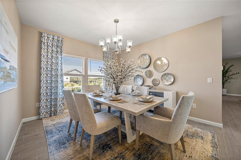 A dining room features a rectangular table, six upholstered chairs, a chandelier, and wall mirrors — 19376 SW 77TH LOOP, DUNNELLON, FL