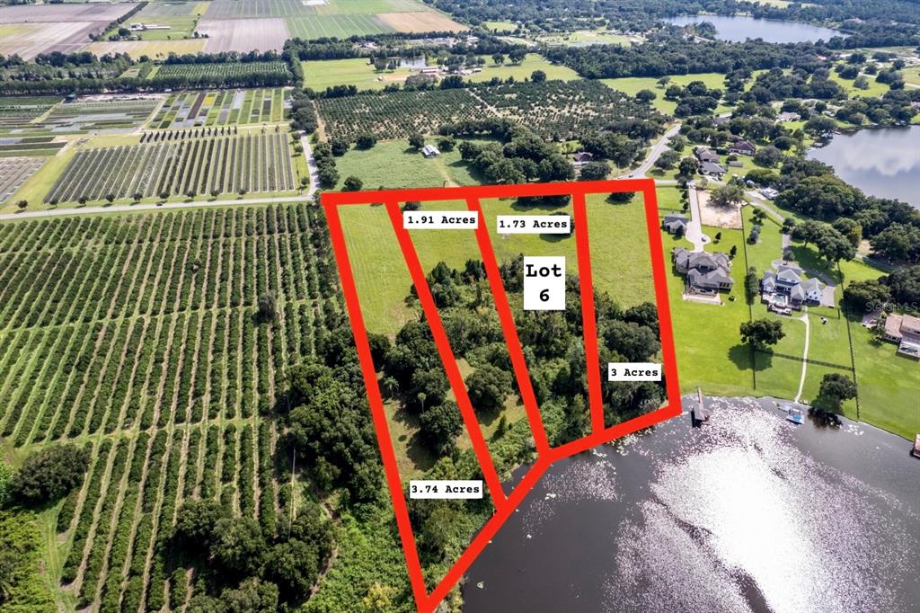 This aerial map shows a large parcel of land divided into four distinct lots — 17931 COUNTY ROAD 448, MOUNT DORA, FL