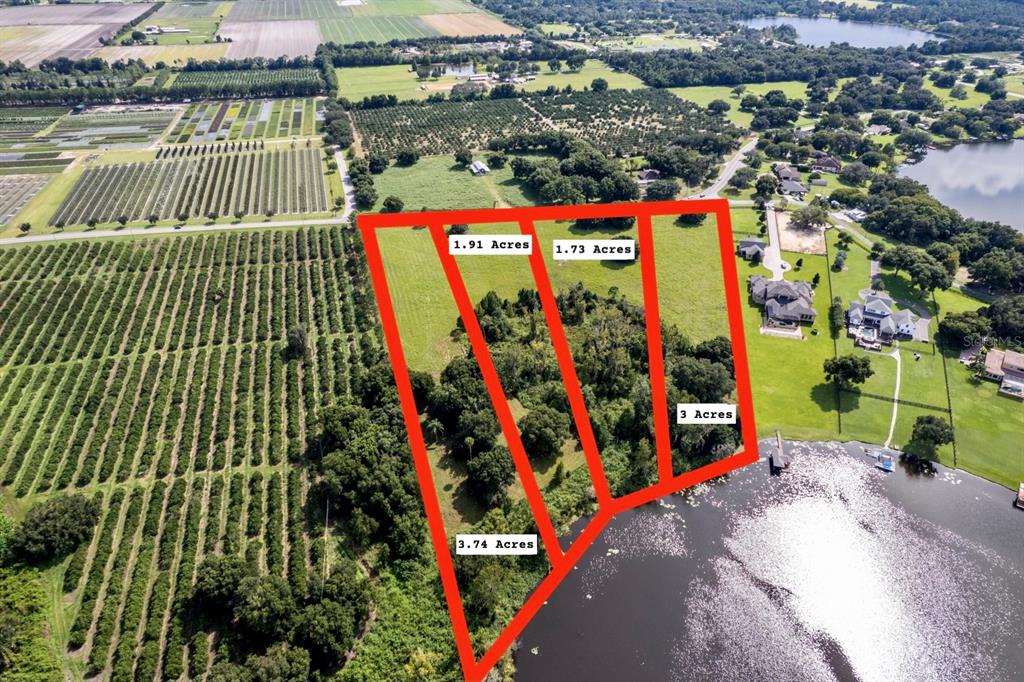 This aerial view shows four adjacent parcels of land bordering a lake — 17931 COUNTY ROAD 448, MOUNT DORA, FL