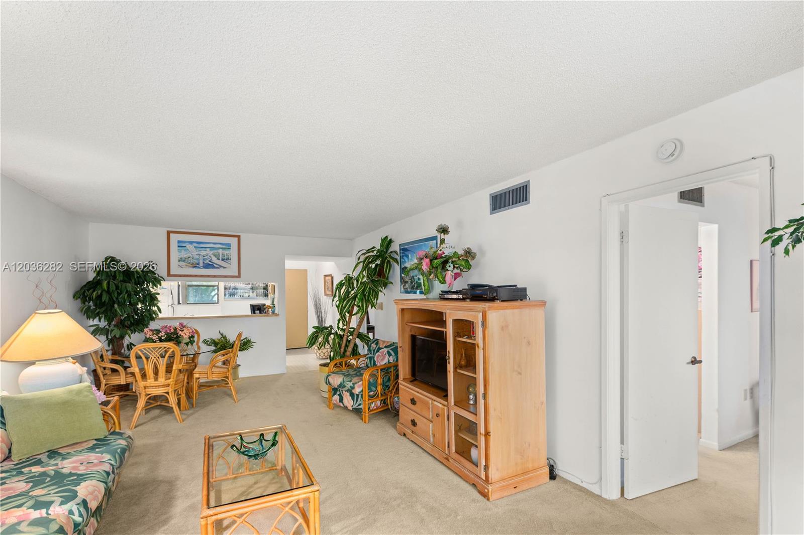 A living room features beige carpeting, a wooden entertainment center, and tropical-patterned furniture — 10155 NW 9th St Cir # 202, Miami FL 33172, MIAMI, FL
