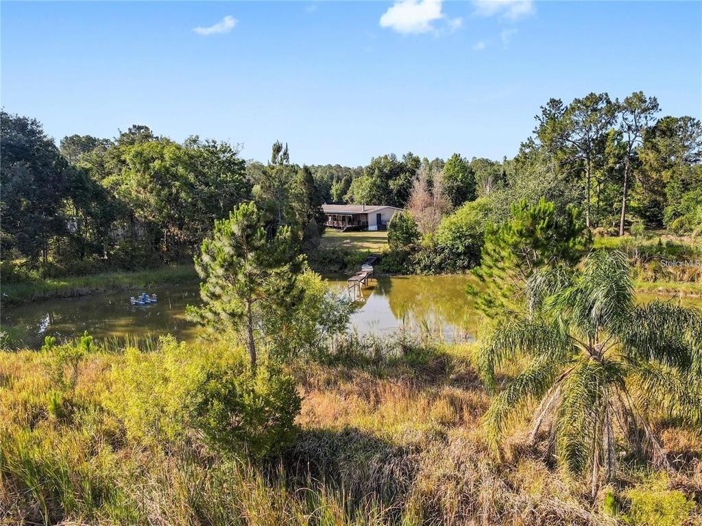 A house sits behind a pond with a small wooden dock in a grassy field — 13921 PINE MEADOW ROAD, KATHLEEN, FL