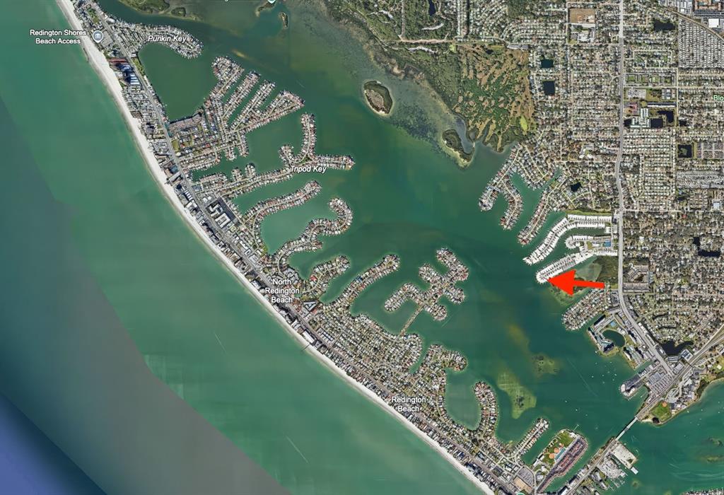 This is an aerial map view of the coastal residential area in Redington Beach, Florida — 636 BOCA CIEGA POINT BOULEVARD S, ST PETERSBURG, FL