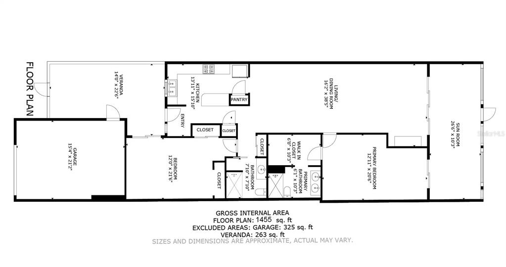 This is a floor plan showing a two-bedroom, two-bathroom home with a garage and veranda — 636 BOCA CIEGA POINT BOULEVARD S, ST PETERSBURG, FL