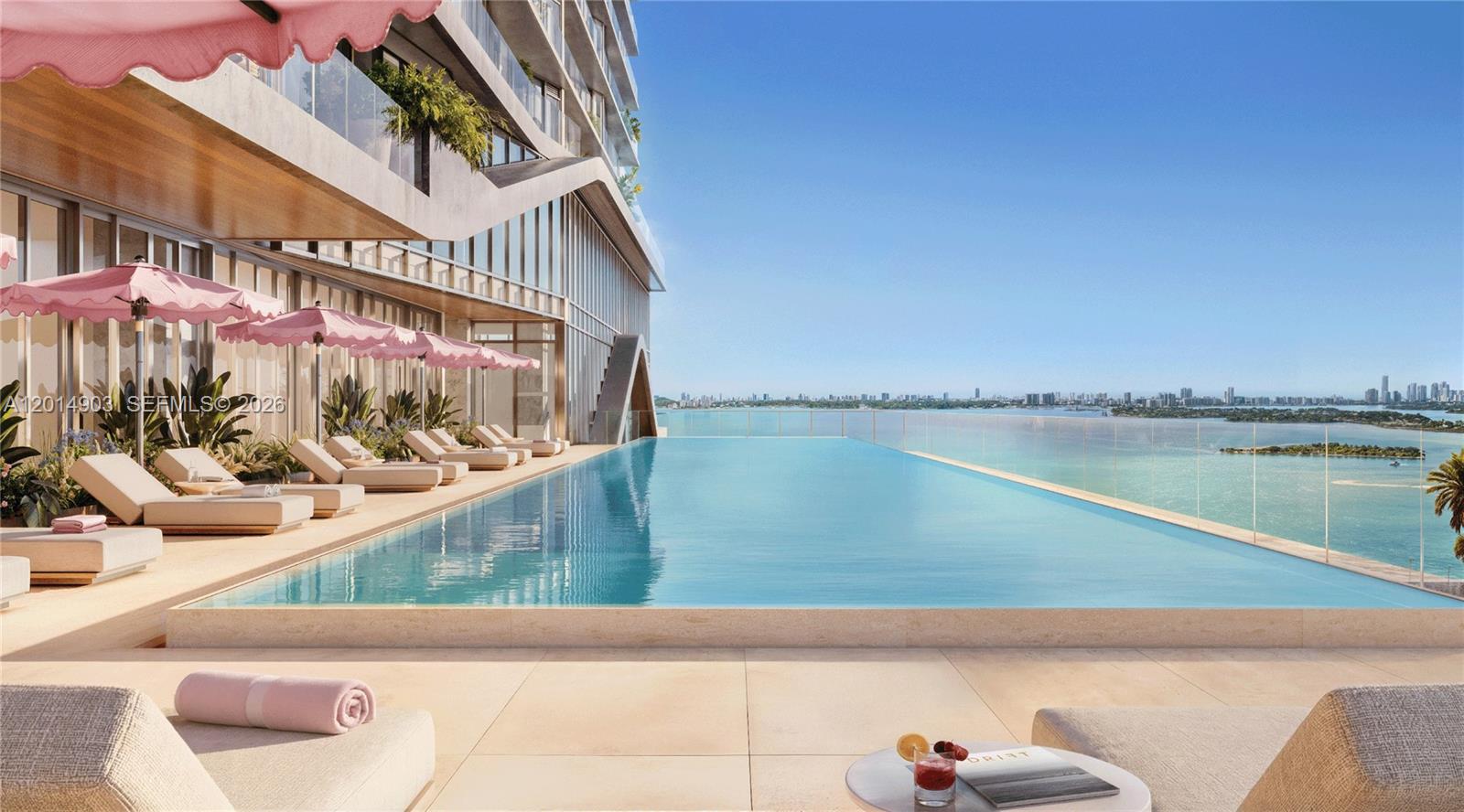 This rendering shows an infinity pool on a terrace with lounge chairs and umbrellas — 456 NE 29th St # 901, Miami FL 33137, MIAMI, FL