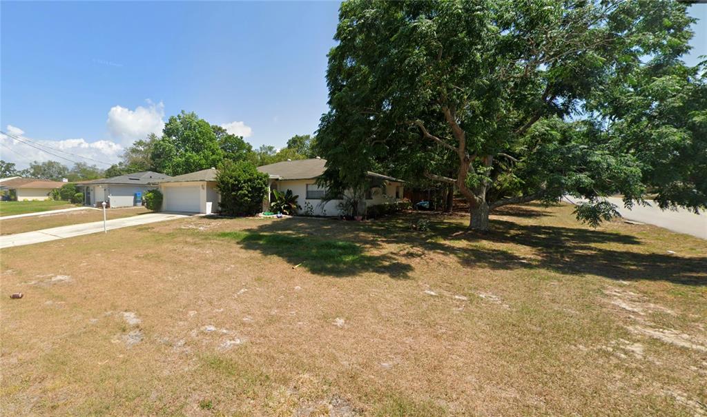 A single-story house with a white garage and a large tree in the front yard — 9080 GENEVA STREET, SPRING HILL, FL