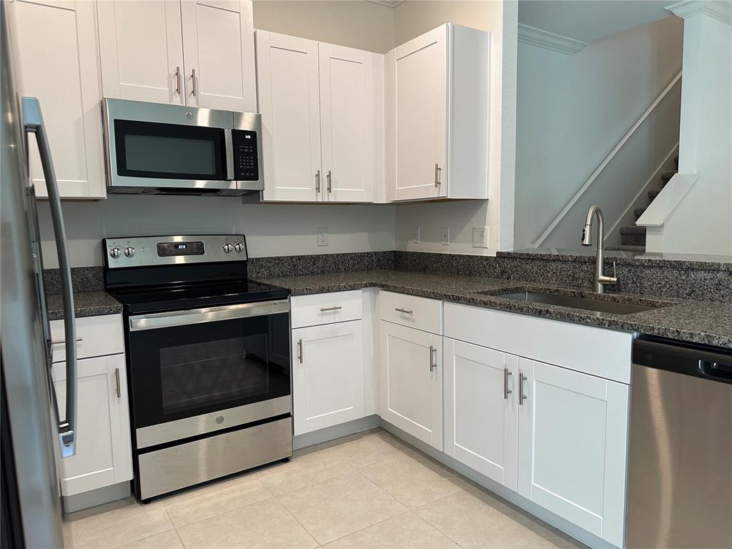 A kitchen features white cabinets, stainless steel appliances, and dark granite countertops — 17437 NECTAR FLUME DRIVE, LAND O LAKES, FL