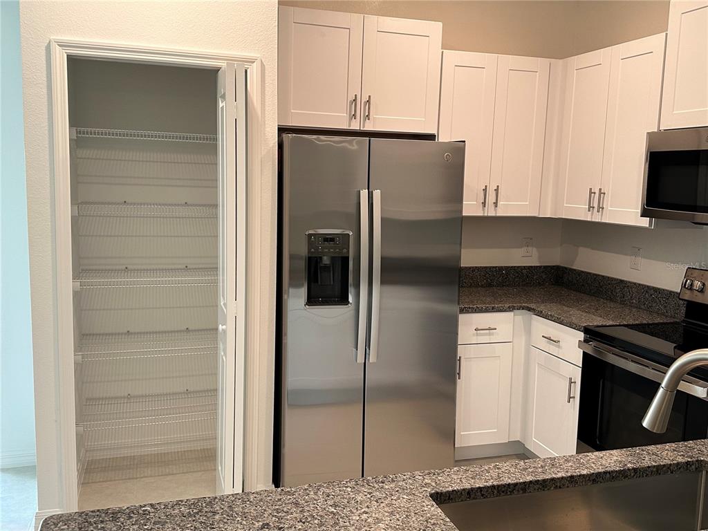 A kitchen features white cabinets, stainless steel appliances, granite countertops, and a walk-in pantry — 17437 NECTAR FLUME DRIVE, LAND O LAKES, FL