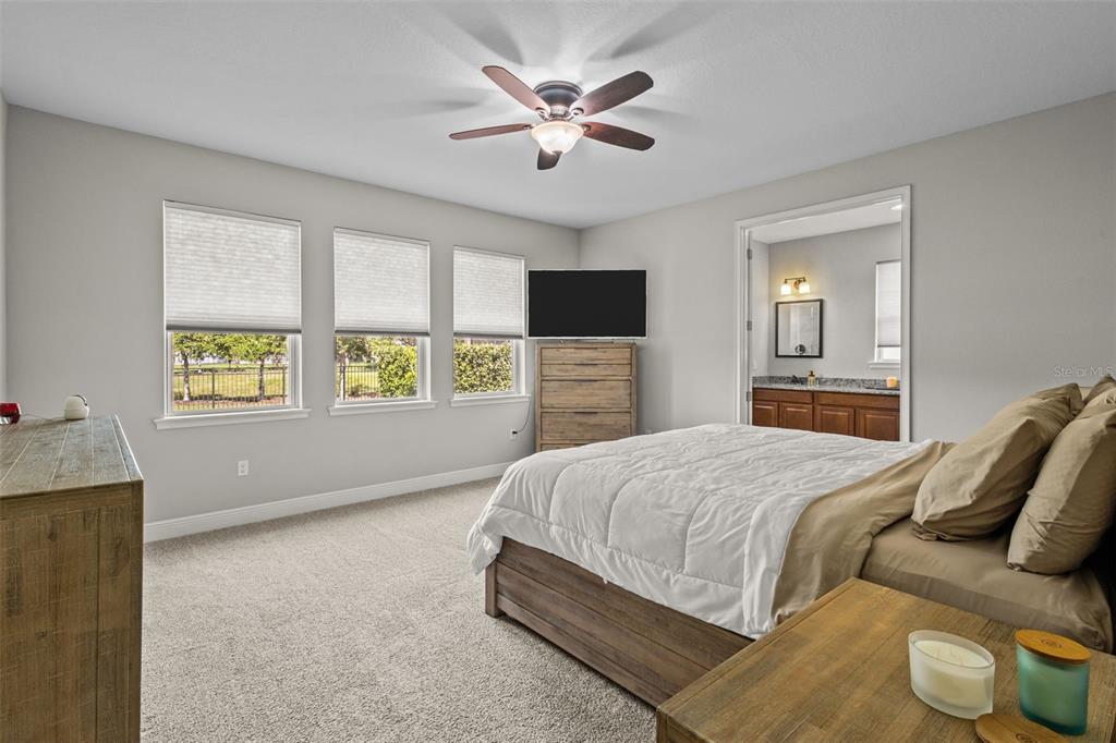 A bedroom features a bed, dresser, ceiling fan, three windows, and an attached bathroom — 14722 CARAVAN AVENUE, ODESSA, FL