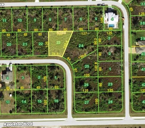 This is a satellite map showing a residential lot highlighted in yellow within a subdivision — 13428 GALVESTON AVENUE, PORT CHARLOTTE, FL