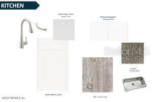 This is a kitchen design board showing samples of cabinetry, flooring, countertops, and fixtures — 351 FISHTAIL PLACE, PALM COAST, FL