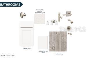 This is a design board rendering showing bathroom finishes, including cabinetry, countertop, tile, and fixtures — 351 FISHTAIL PLACE, PALM COAST, FL