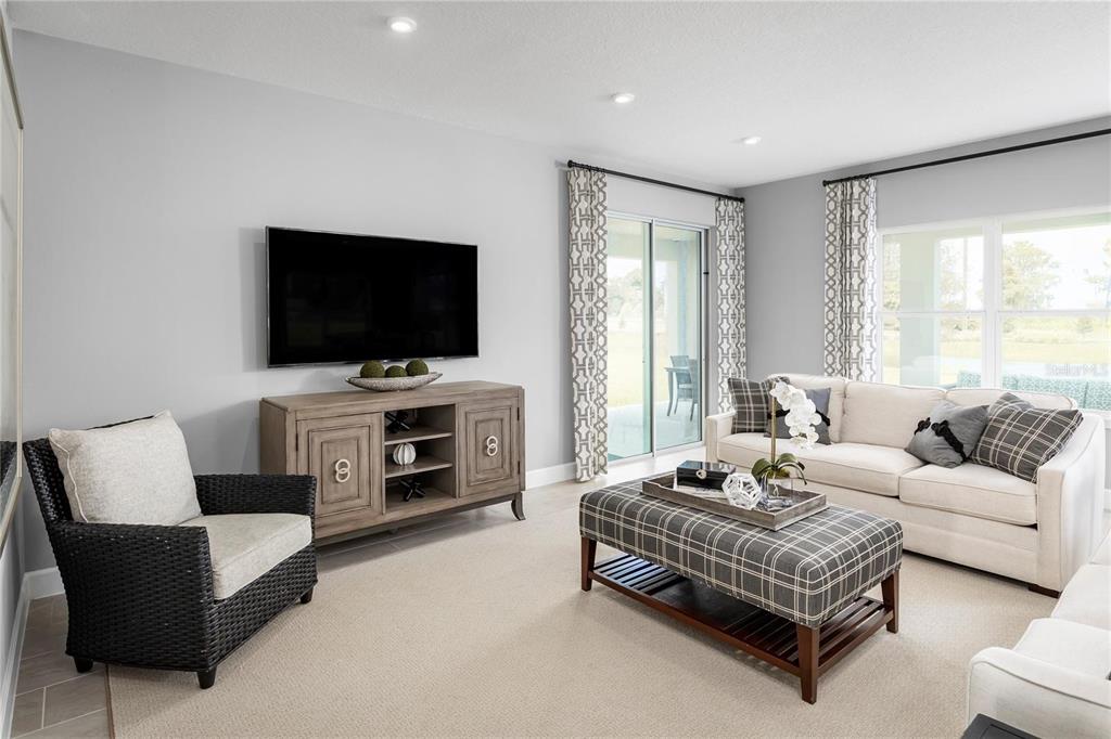 A living room features a television, media console, armchair, sofa, and a plaid ottoman — 1658 W PALMS DRIVE, PORT CHARLOTTE, FL